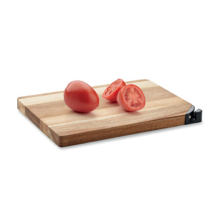 Wood cutting board with knife sharpener